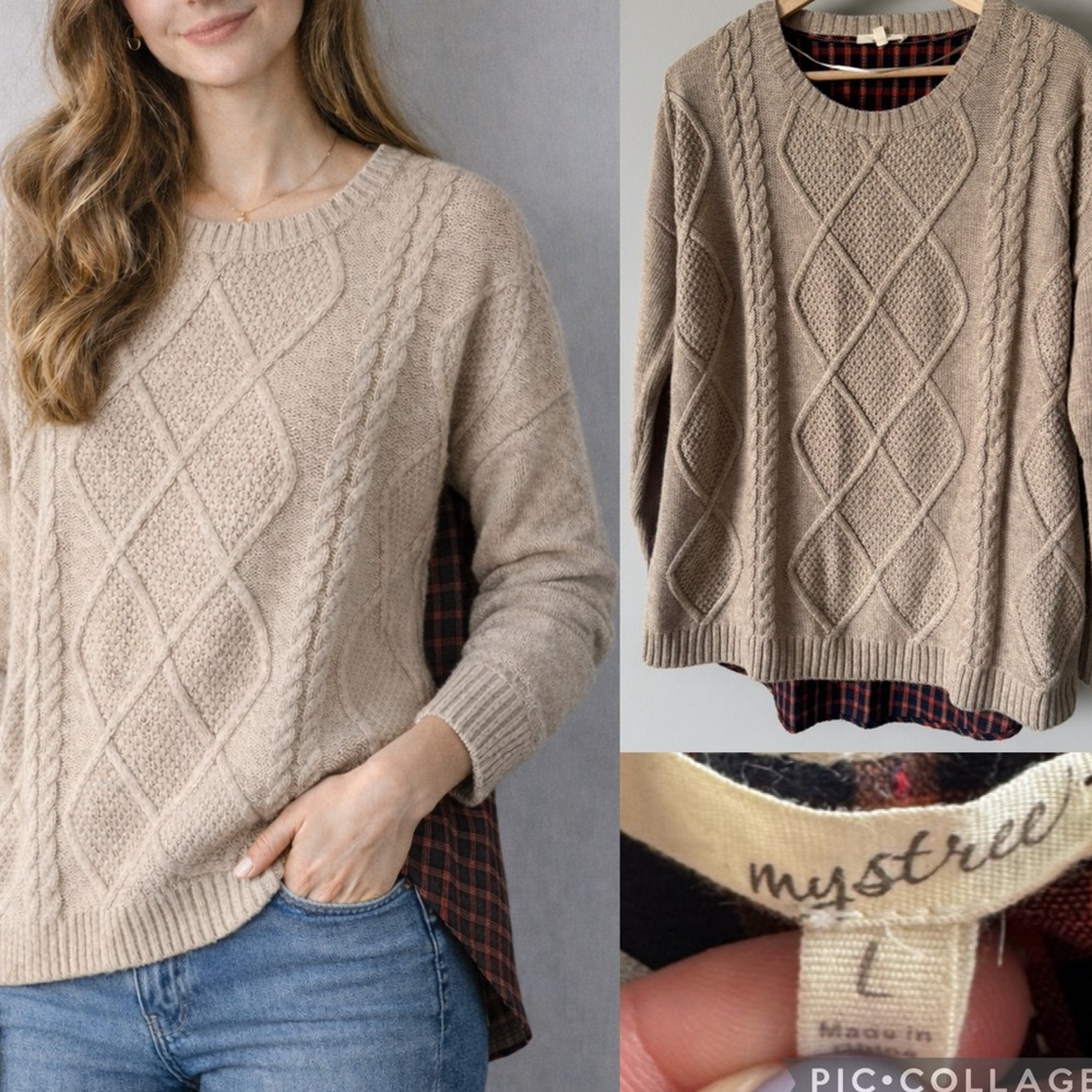 Mystree Cable Knit Sweater Flannel Plaid Back Beige Rust Large - Picture 10 of 10
